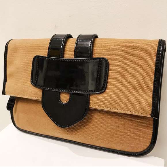 Tila March Paris Zelig Brown Canvas Black Patent Leather Shoulder Clutch Bag - Picture 7 of 12